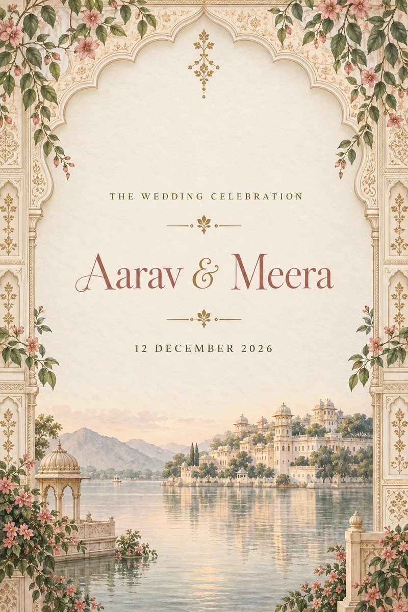 Aarav and Meera fictional wedding invitation with watercolor palace and flowers