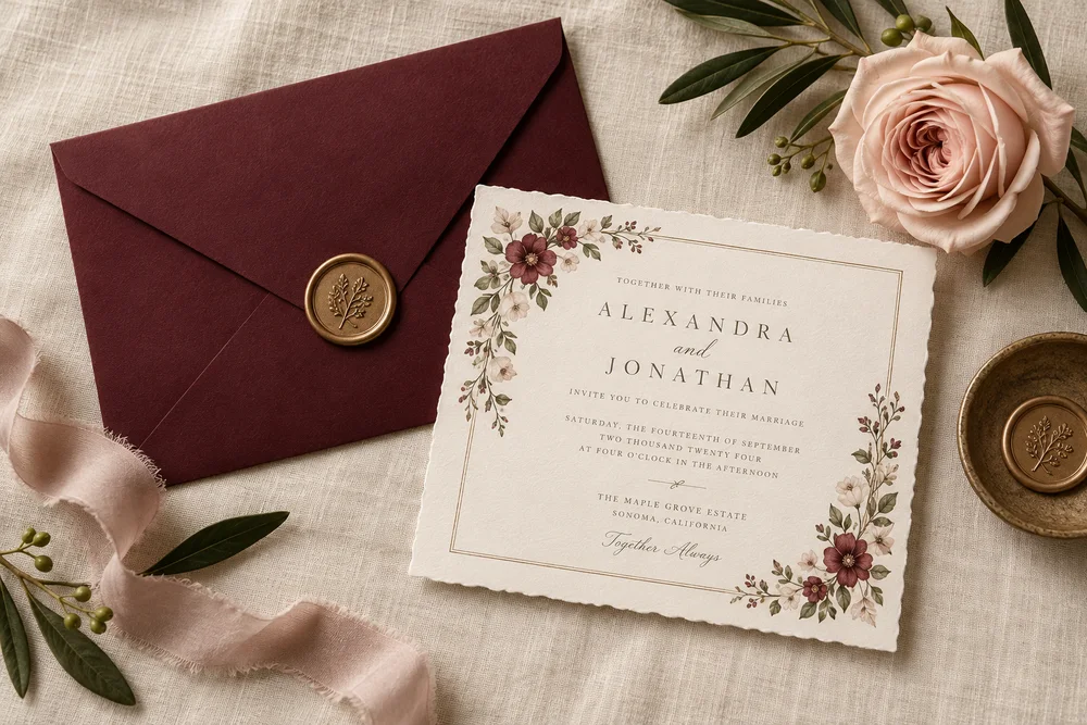 Burgundy wedding stationery concept on ivory linen